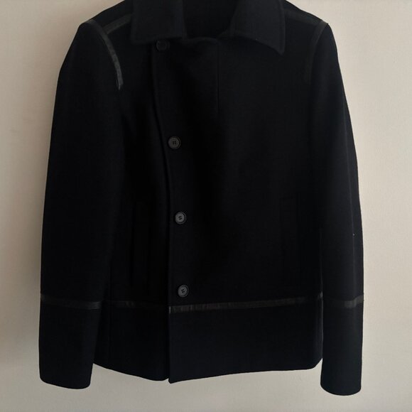 $800 AllSaints Salter Navy Wool Pea Coat Leather Trim- Medium - Picture 4 of 14